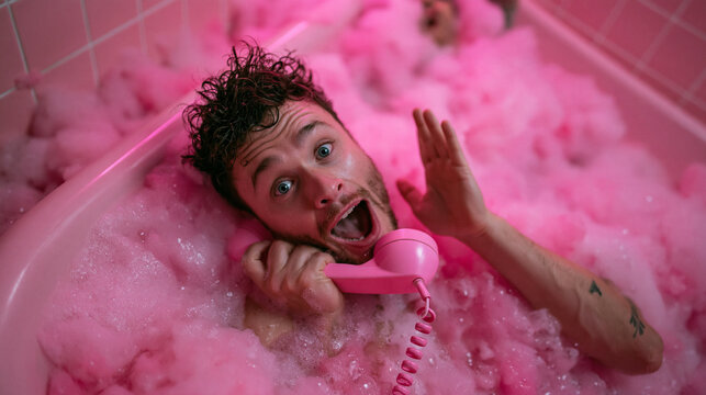 Shocked Man in Pink Bubble Bath Answering Phone