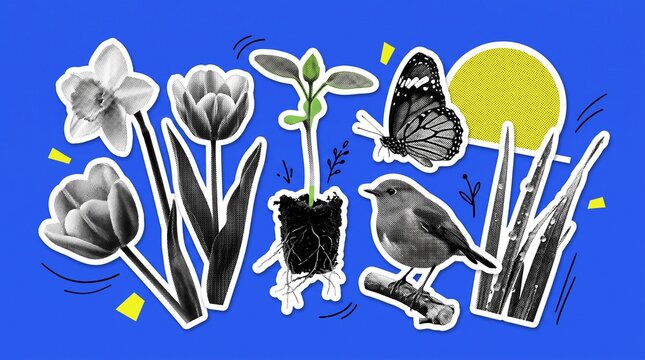 Spring equinox object collage with blooming flowers, seedling, butterfly, bird, fresh grass and rising sun on a vivid blue background