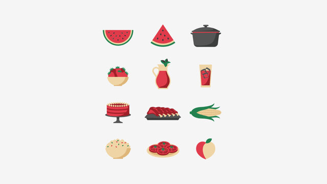 Cookout food element set with watermelon, ribs, corn, red velvet cake and a pitcher of red drink