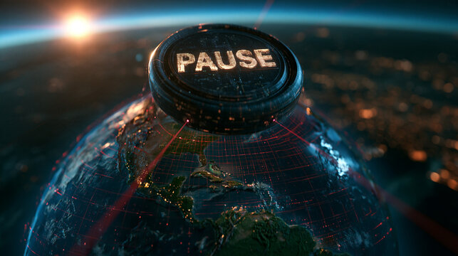 Global Pause Concept with Glowing Button on Earth in Space