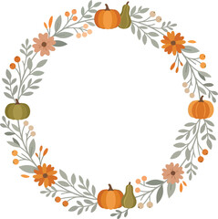 Fototapeta premium Autumn wreath vector illustration with fall leaves, pumpkins, and flowers