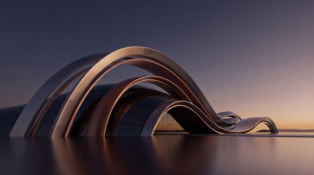 Futuristic Modern Architectural Pavilion with Curved Fluid Arches at Sunset