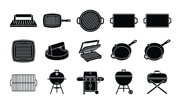 15 Cooking Grills linear icon set cast iron pans griddles barbecue grills, UI and web interface design