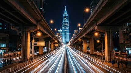 Obraz premium Stunning night cityscape featuring a vibrant light effec with long exposure car trails under a modern skyscraper