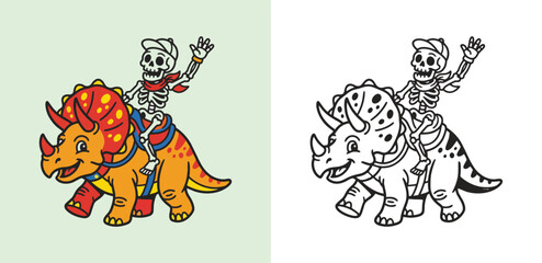 Obraz premium Cheerful Skeleton Pirate Riding Colorful Cartoon Triceratops Vector Illustration with Flat Design Style dinosaur playful character animal lines clean geometric