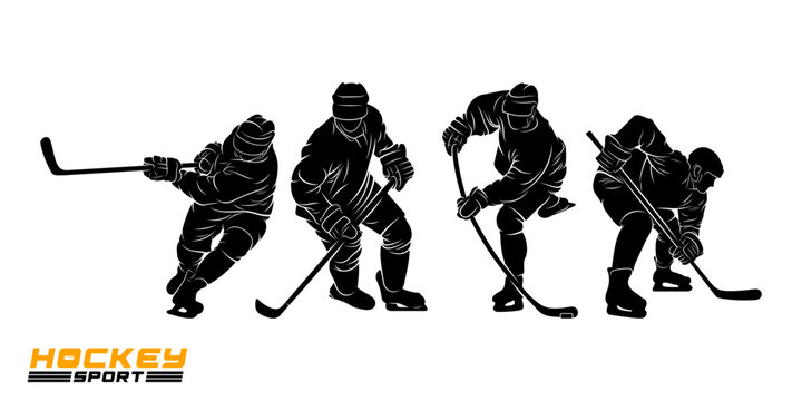 Set of an ice hockey player silhouettes isolated on a white background. Vector illustration ideal for winter sports icons, game graphics, and design projects.