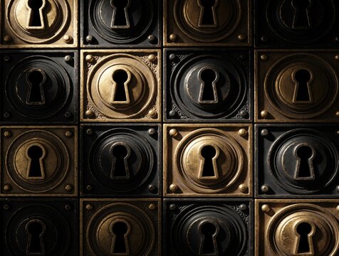 Ornate metal grid with vintage keyhole designs. Decorative gold, dark bronze panels feature antique lock elements. Symmetric geometric pattern shows aged industrial texture. Close up of metallic
