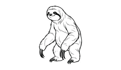 Black and white line drawing of a standing sloth with white background © Anik