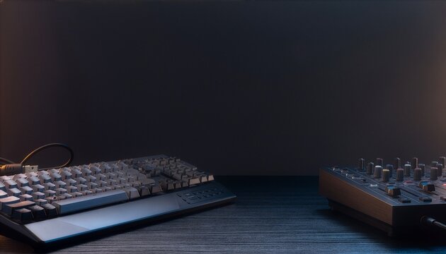 Dark mechanical keyboard and audio mixer on creator desk