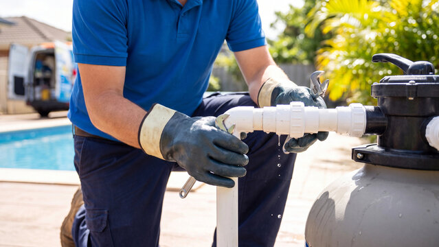Plumber in vibrant blue polo shirt kneeling outdoors to carefully tighten white PVC pipe fittings.