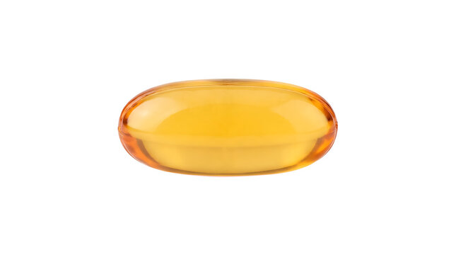 Single golden translucent softgel capsule supplement with supplement nutrition pharmaceutical transparent wellness treatment