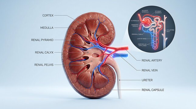 Detailed Anatomical Illustration Of Human Kidney Cross Section Showing Cortex Medulla Renal Pyramid Calyx Pelvis Ureter And Nephron Structure Inset