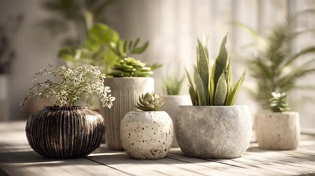 Assorted succulents in stone pots on wooden tabletop.