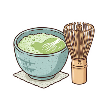 Traditional Japanese green tea matcha bowl and bamboo chasen whisk vector sticker isolated on transparent background