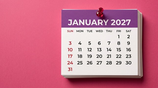 January 2027 calendar page pinned to vibrant pink background, new year scheduling and time management business concept.
