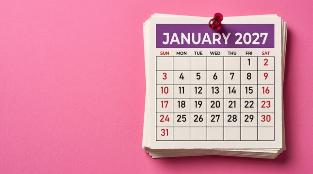 January 2027 calendar page pinned to vibrant pink background, new year planning and monthly schedule organization concept with copy space.