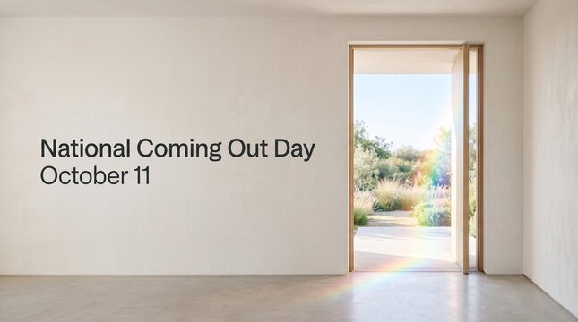 National coming out day october 11 text with open door and rainbow light beam on floor, lgbtq pride celebration and diversity concept background.