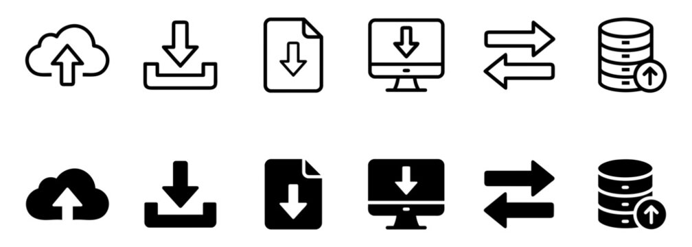 Share upload icon set with data transfer, cloud arrows and connectivity symbols for digital UI SVG vector design. 
