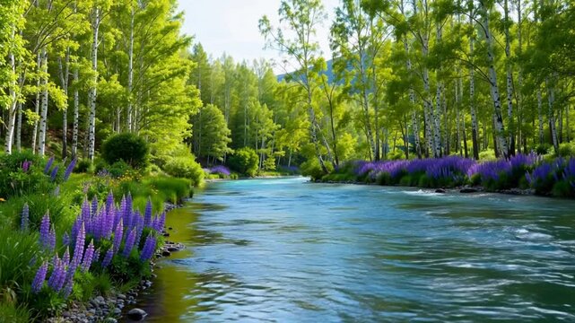 Clear blue river flows through lush green forest with purple lupine flowers along banks under bright sunlight