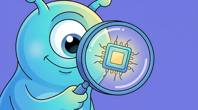 A cute cartoon alien using a magnifying glass to inspect a digital computer chip, representing technology, discovery, and science research.