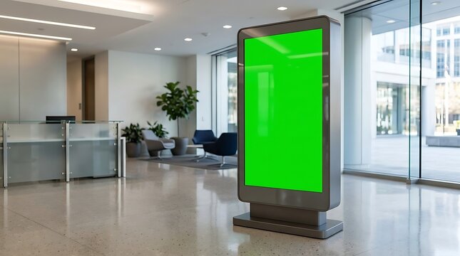 Vertical digital signage display with a green screen standing in a modern office building lobby