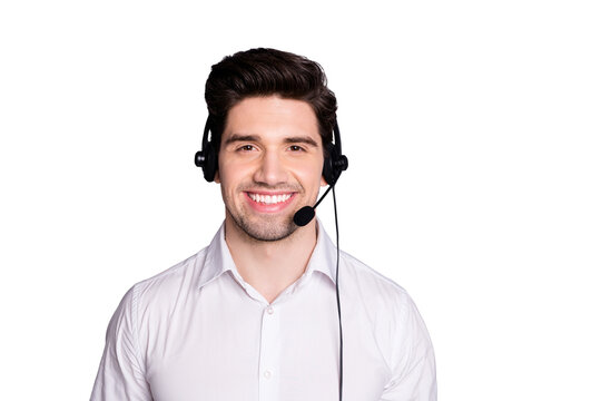 Portrait of confident cool positive call center worker can help with problems wear black earphones wear formalwear clothes isolated over grey color background