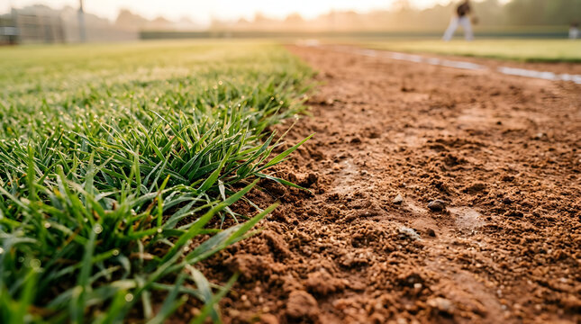 A low angle view of a dirt baseball baseline bordering green grass