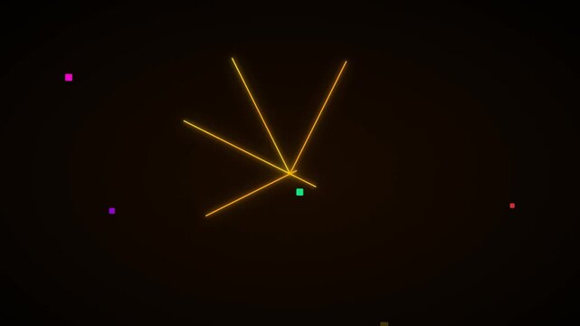 Retro arcade video game screen capture. Glowing yellow vector lines and colorful pixel dots on black background. Vintage arcade gaming action for nostalgic tech design.