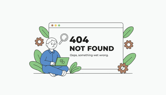 Website error page template showing a worried user sitting with a laptop next to a large four hundred and four message.