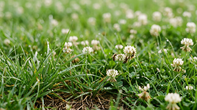 Bees foraging on white clover flowers blooming in a green lawn
