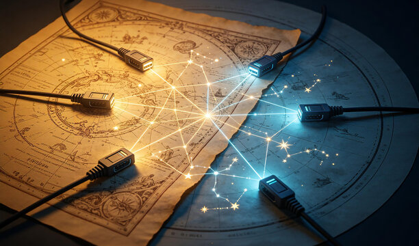 Vintage nautical map with glowing fiber optic cables forming digital network, representing global internet connectivity and modern data transmission over old navigation charts
