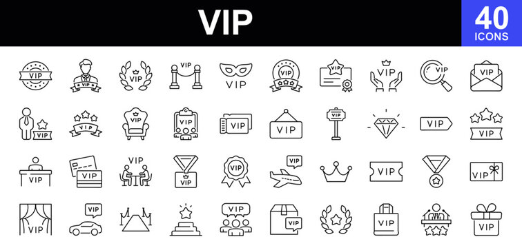 VIP icon set. Contains such icons as gold, luxury, premium, exclusive, royal, crown, special guests, red carpet, VIP and more. Linear icon collection. Vector illustration