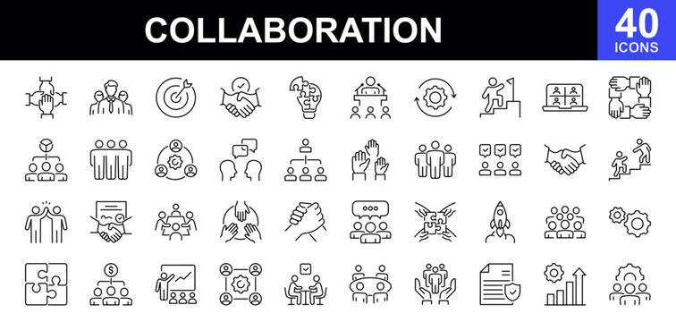 Collaboration icon set. Contains such icons as teamwork, cooperation, communication, partnership, team building, group work, connection, interaction and more Linear icon collection Vector illustration