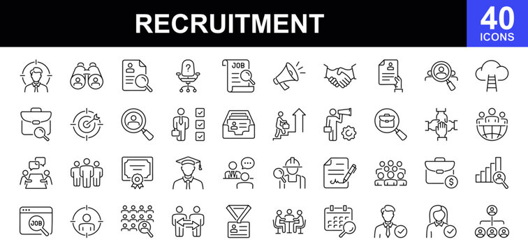 Recruitment icon set. Contains such icons as hiring, job search, candidate, interview, resume, vacancy, employment, human resources, career and more. Linear icon collection. Vector illustra