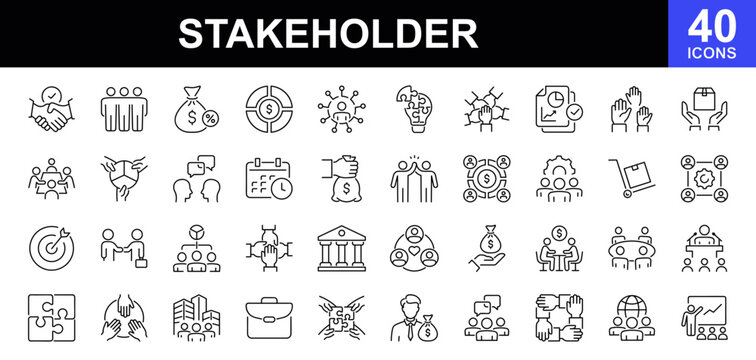 Stakeholder icon set. Contains such icons as business governance, teamwork, investor, employees, partners, management, decision making, partnership and more Linear icon collection. Vector illustration