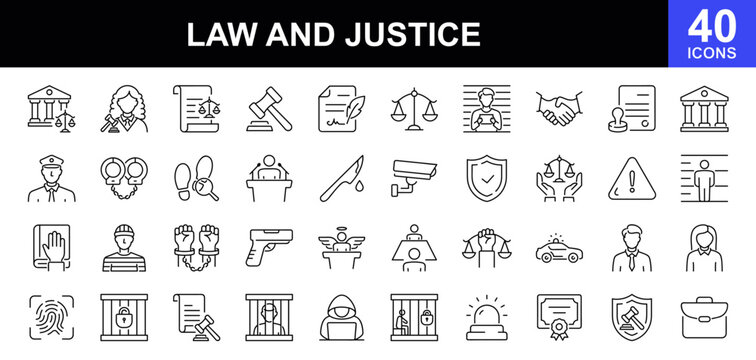 Law and justice icon set. Contains such icons as law, justice, lawyer, court, judge, legal document, lawsuit, rights, legislation, police, protection. Linear icon collection. Vector illustration