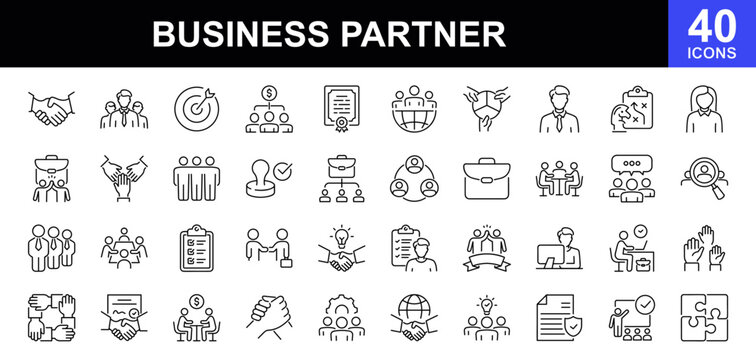 Business partner icon set. Contains such icons as partnership, cooperation, collaboration, agreement, handshake, business relationship, partner and more Linear icon collection. Vector illustration
