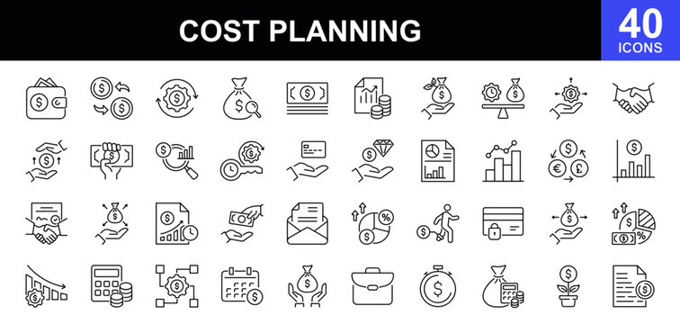 Cost planning icon set. Contains such icons as budget, estimate, financial planning, analysis, revenue, money management, investment, expense and more. Linear icon collection. Vector illustration