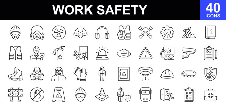 Work safety icon set. Contains such icons as workplace safety, occupational safety, protective equipment, hazard, warning, security, safety rules, protection and more. Linear vector icon collection
