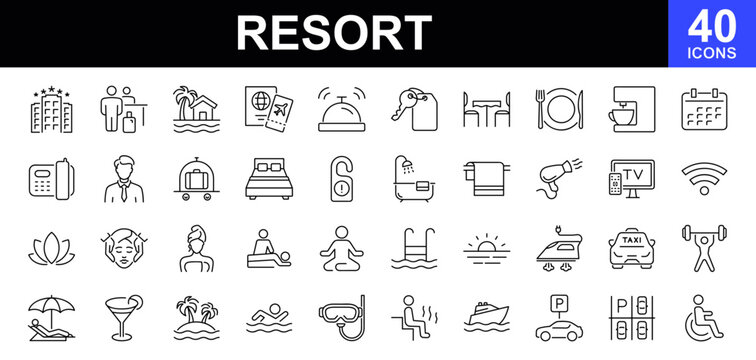 Resort icon set. Contains such icons as hotel, vacation, beach, swimming pool, accommodation, holiday, wellness, travel, relaxation, tourism and more. Linear icon collection. Vector illustration