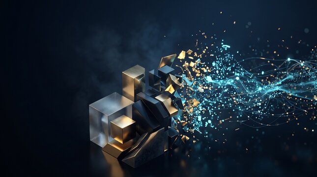 Abstract 3D rendering of geometric blocks transforming into a digital data stream with glowing particles and light effects on a dark background.