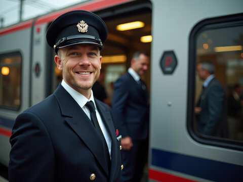 Train Conductor Welcoming Traveler. Friendly Railway Employee. Professional Train Staff. Conductor at Train Entrance. Passenger Service on Railway. Welcoming Train Conductor