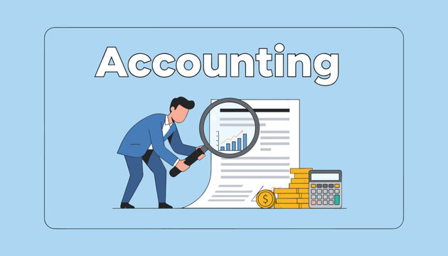 Accounting and financial auditing concept of business man analyzing reports with huge magnifying glass.