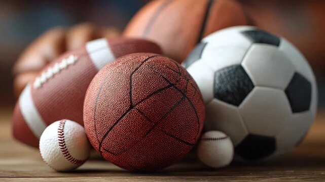 Close up arrangement of multi-sport equipment balls.