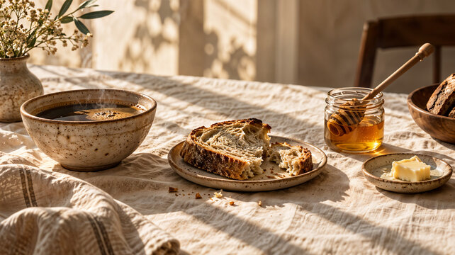 Slices of rustic sourdough bread on a speckled ceramic plate beside a bowl of black coffee, a honey jar with dipper and butter, on a linen tablecloth in golden morning light.