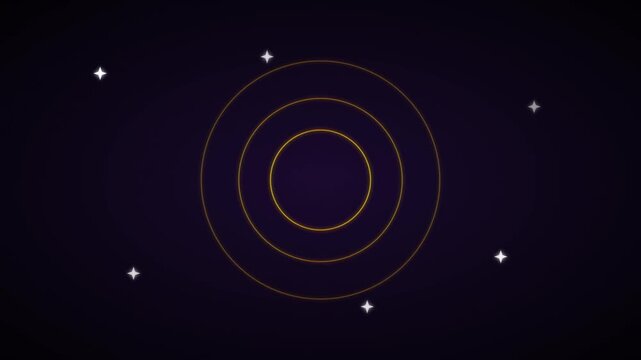 Concentric circles and glowing stars vector illustration. Golden concentric rings on dark purple night sky background. Abstract space art for astronomy, astrology, and celestial navigation.