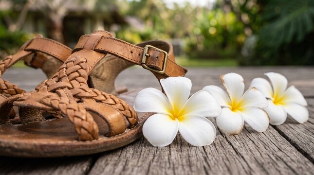 Macro photo of sandals beside fallen frangipani&hellip; 2k 20260919105348 showing abstract micro structural details and textures with professional studio lighting