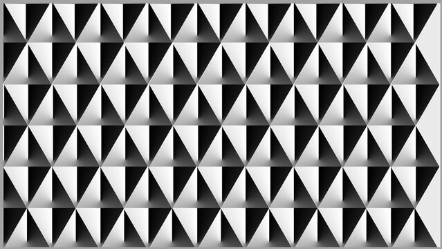 Seamless monochrome vector background featuring a futuristic repeating pattern of symmetrical black, white, and grey gradient triangles creating an optical illusion.