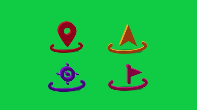Animated 3D location pin, navigation arrow, target and flag looping icons set on green screen