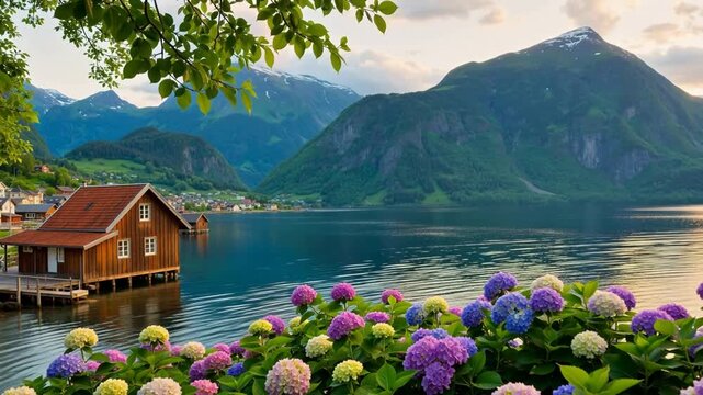 Colorful hydrangeas in foreground frame wooden house on lake with snow-capped mountains and green hills in background